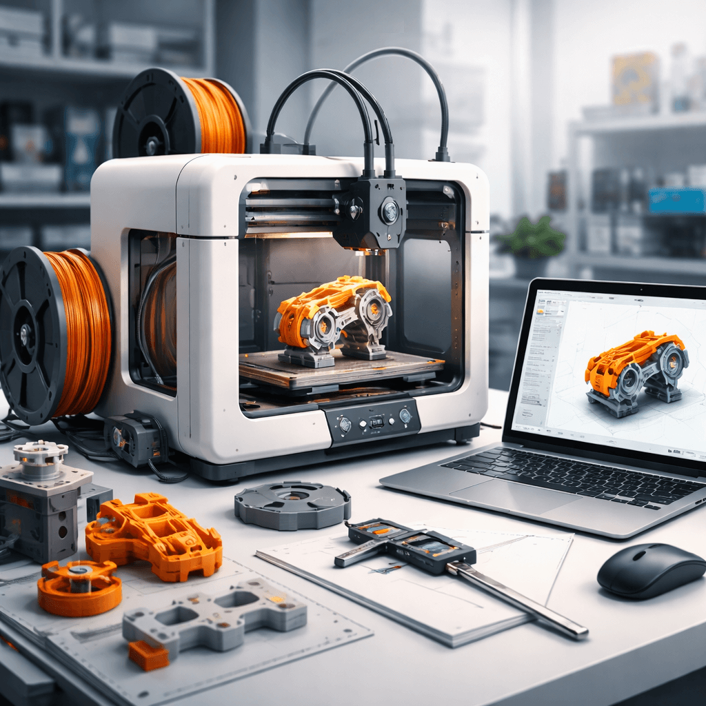 3D printing workstation with printer, laptop showing CAD software, and precision tools